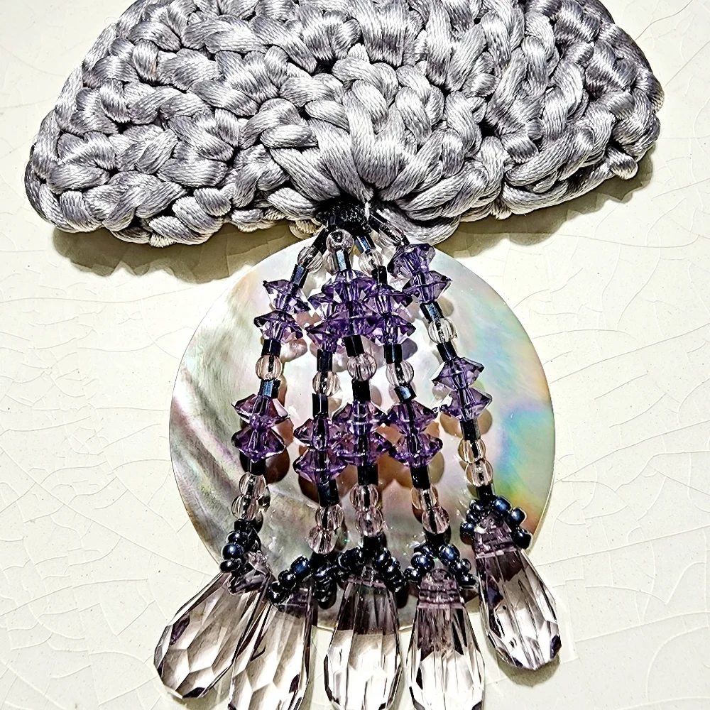 Periwinkle soft grey shell brooch cascading faceted beads iridescent crochet - Picture 2 of 8